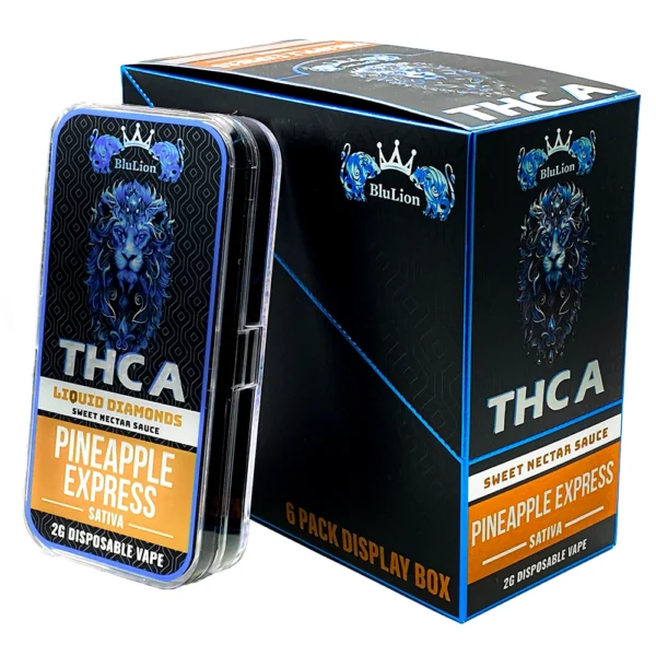 BluLion THCA Liquid Diamonds Disposable Vape – Pineapple Express flavor (Sativa), 2g cartridge shown in front of branded 6-pack display box.