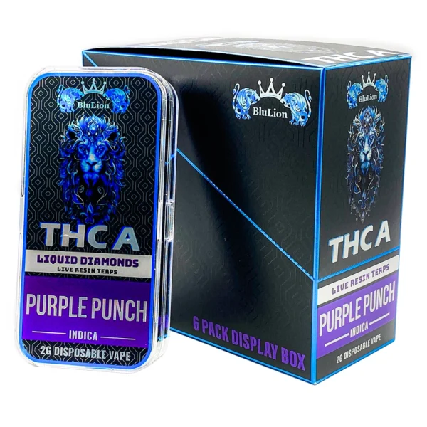 BluLion THCA Liquid Diamonds Disposable Vape – Purple Punch flavor (Indica), 2g cartridge shown in front of branded 6-pack display box.
