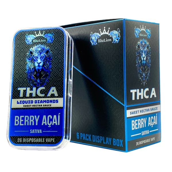 BluLion THCA Liquid Diamonds Disposable Vape – Berry Açaí flavor (Sativa), 2g cartridge shown in front of branded 6-pack display box