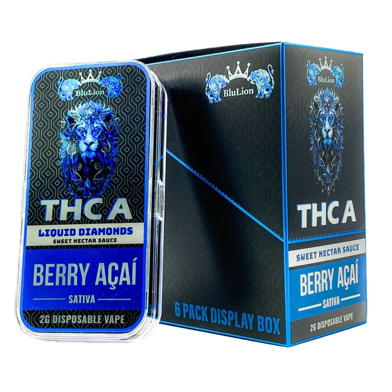 BluLion THCA Liquid Diamonds Disposable Vape – Berry Açaí flavor (Sativa), 2g cartridge shown in front of branded 6-pack display box